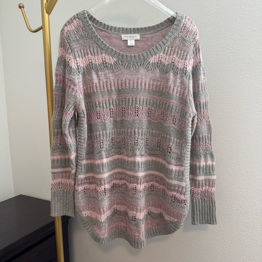Christopher & Banks Tunic Length Sweater - Petite Large - Pink and Grey